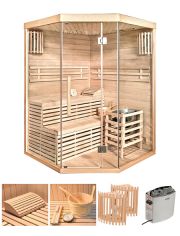 Set: Sauna Skyline XL, 150x150x200 cm, 50 mm, 6-kW-Ofen mit int. Steuerung